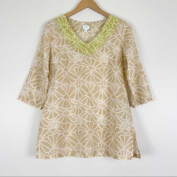 Calypso St. Barth for Target Tunic Top Tan Green Embroidery V-Neck Women’s Sz XS - Picture 2 of 11
